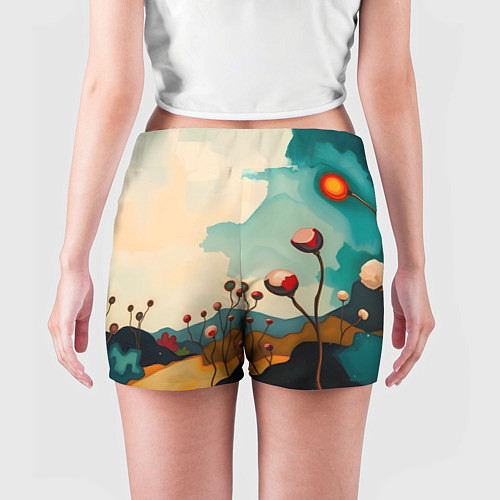 Женские шорты Сюрреалистичный пейзаж с цветами / 3D-принт – фото 4