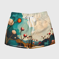 Шорты женские Сюрреалистичный пейзаж с цветами, цвет: 3D-принт