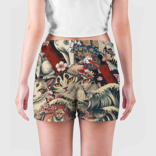 Женские шорты Котики и рыбки в сакуре / 3D-принт – фото 4