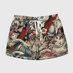 Шорты женские Котики и рыбки в сакуре, цвет: 3D-принт