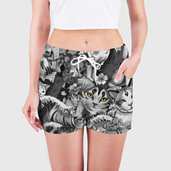 Шорты женские С котами и рыбой на фоне сакуры в волнах, цвет: 3D-принт — фото 2