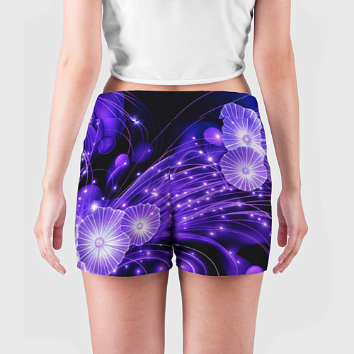 Женские шорты Силуэты цветов на темном фоне - фиолетовое свечени / 3D-принт – фото 4