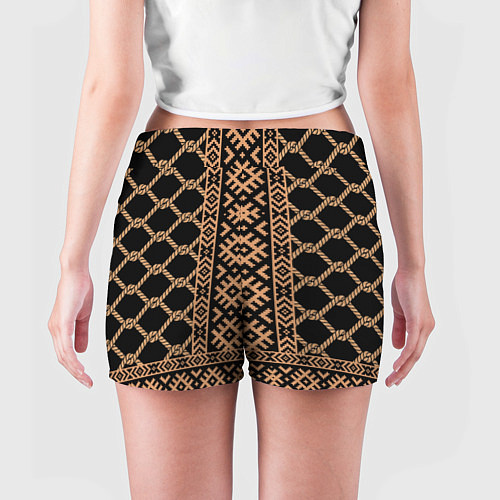 Женские шорты Золотые узоры на черном с канатами - вышиванка руб / 3D-принт – фото 4