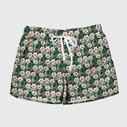 Шорты женские Цветочный паттерн зелёный, цвет: 3D-принт