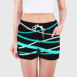 Шорты женские Чёрный с бело-голубыми полосами, цвет: 3D-принт — фото 2