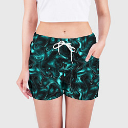 Шорты женские Бирюзово-черная мраморная текстура - блики, цвет: 3D-принт — фото 2