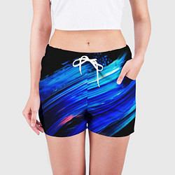 Шорты женские Синии кисти краски на черном, цвет: 3D-принт — фото 2