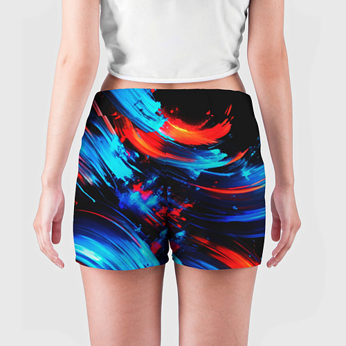 Женские шорты Синие и красные мазки краски на черном / 3D-принт – фото 4