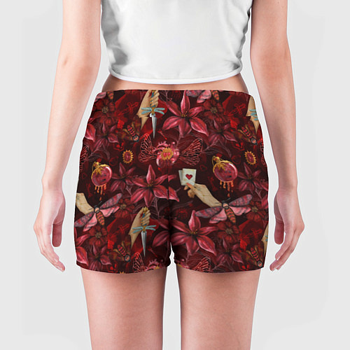 Женские шорты Бордовая готика с сердцем, лилиями и мотыльками / 3D-принт – фото 4