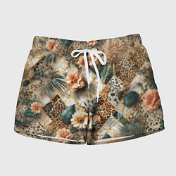 Шорты женские Цветы на кусках мрамора и леопардовом узоре, цвет: 3D-принт
