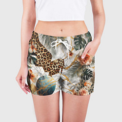 Шорты женские Мрамор с цветами и леопардовый узор, цвет: 3D-принт — фото 2