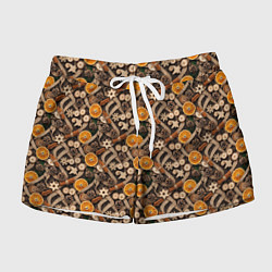 Шорты женские Новогодний орнамент с корицей и дольками апельсина, цвет: 3D-принт