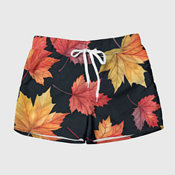 Женские шорты Кленовые листья на черном - акварельный паттерн