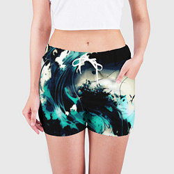 Шорты женские Чёрный с бирюзовым абстракция тёмные краски, цвет: 3D-принт — фото 2