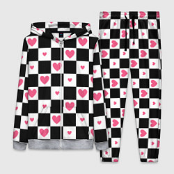 Женский костюм Розовые сердечки на фоне шахматной черно-белой дос