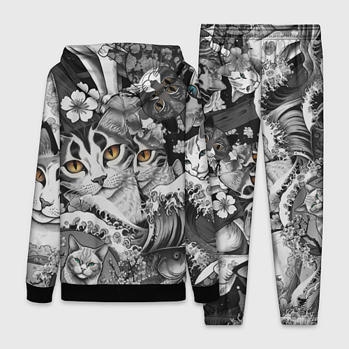 Женский костюм С котами и рыбой на фоне сакуры в волнах / 3D-Черный – фото 2