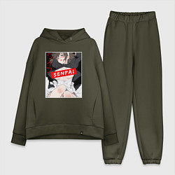 Женский костюм оверсайз Девушка и надпись Senpai Ahegao, цвет: хаки