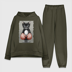 Женский костюм оверсайз Крутой котяра в боксёрских перчатках Cool cat in b, цвет: хаки