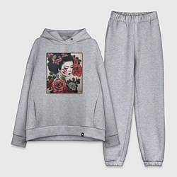 Женский костюм оверсайз Irezumi - гейша в розах, цвет: меланж