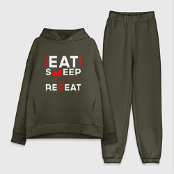 Женский костюм оверсайз Надпись eat sleep Quake repeat, цвет: хаки