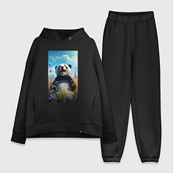 Женский костюм оверсайз Довольная панда на природе, цвет: черный