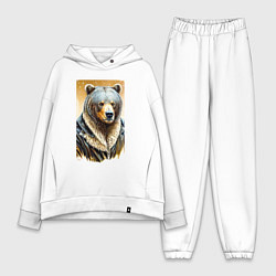 Женский костюм оверсайз Могучий медведь в кожаной куртке, цвет: белый