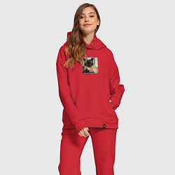 Женский костюм оверсайз Кот мем - всем моим хейтерам, цвет: красный — фото 2