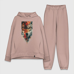 Женский костюм оверсайз Дикий волк картина, цвет: пыльно-розовый