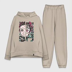 Женский костюм оверсайз Тандзиро иероглифы Клинок рассекающий демонов, цвет: миндальный