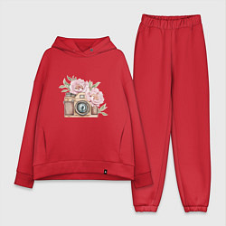 Женский костюм оверсайз Фотоаппарат с пионами, цвет: красный