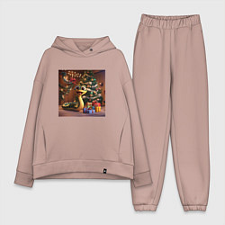 Женский костюм оверсайз Веселая Новогодня змейка с подарками, цвет: пыльно-розовый