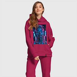 Женский костюм оверсайз Девушка с наушниками в неоне, цвет: маджента — фото 2