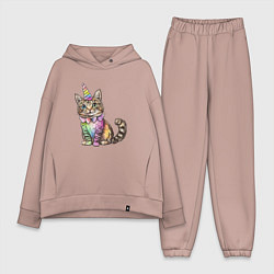 Женский костюм оверсайз Праздничный котик в колпаке единорога, цвет: пыльно-розовый