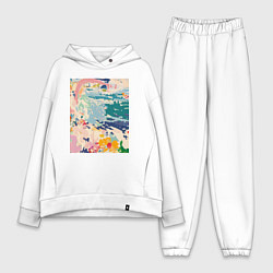 Женский костюм оверсайз Абстрактная картина с морем и цветами, цвет: белый