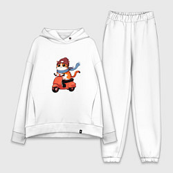 Женский костюм оверсайз Кот в шапке на скутере, цвет: белый