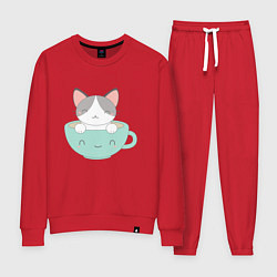 Костюм хлопковый женский Чайный котик, цвет: красный
