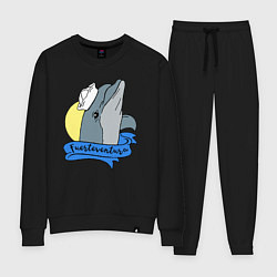 Костюм хлопковый женский Дельфин на фоне солнца, цвет: черный