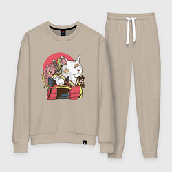 Костюм хлопковый женский Котик Самурай Samurai Cat Japanese art, цвет: миндальный