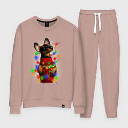 Костюм хлопковый женский Новогодняя такса, цвет: пыльно-розовый