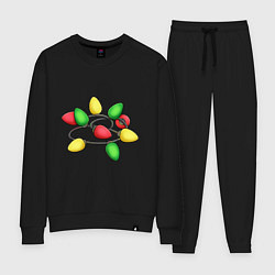 Костюм хлопковый женский Новогодняя гирлянда, огоньки, цвет: черный