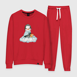 Костюм хлопковый женский Пингвин на облаке, цвет: красный