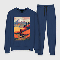 Костюм хлопковый женский Девушка, выгуливающая собаку на полях Японии, цвет: тёмно-синий