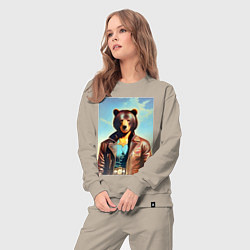 Костюм хлопковый женский Cool bear in a leather jacket - neural network, цвет: миндальный — фото 2