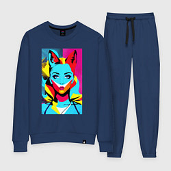 Костюм хлопковый женский Fox girl - pop art - neural network, цвет: тёмно-синий