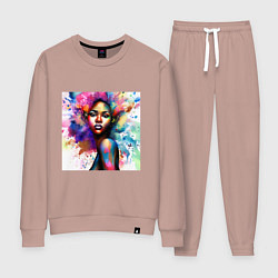Костюм хлопковый женский Портрет афро девушки с акварельными брызгами, цвет: пыльно-розовый