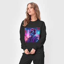 Костюм хлопковый женский Скелет на фоне неонового города, цвет: черный — фото 2