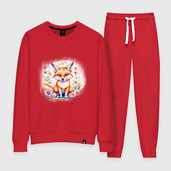 Костюм хлопковый женский Милый большеухий лисенок сидит в цветах, цвет: красный