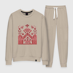 Костюм хлопковый женский Красные славянская узоры вышивки, цвет: миндальный