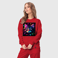 Костюм хлопковый женский Неоновый котэ в цветах на черном фоне, цвет: красный — фото 2