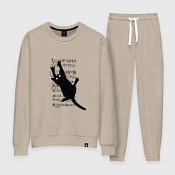 Костюм хлопковый женский Кот повис на музыкальных нотах, цвет: миндальный